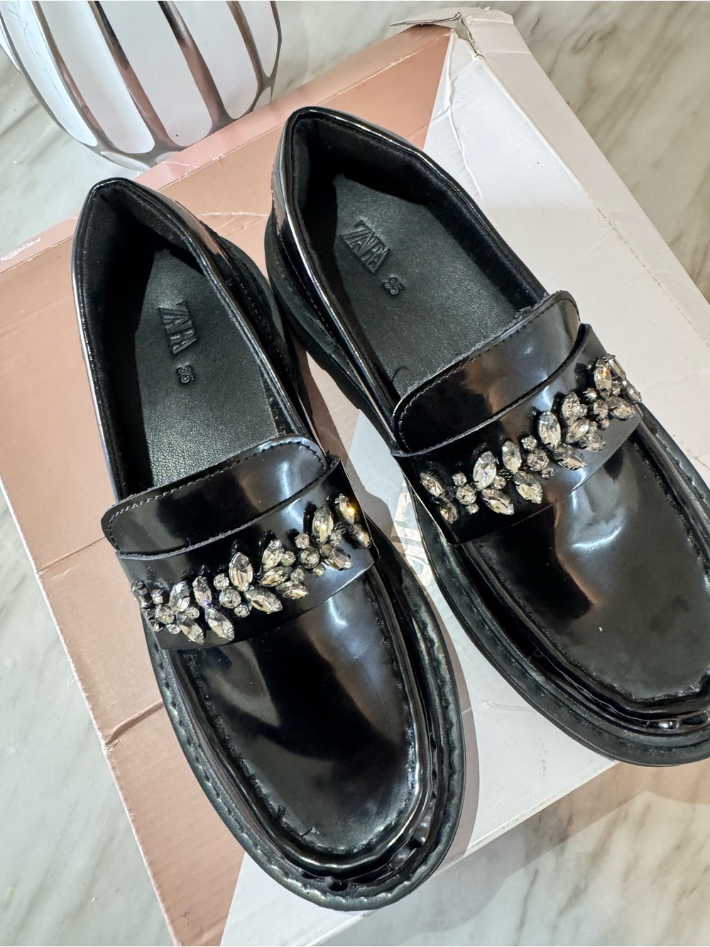 Zara Black Patent Loafers with Crystal Accent